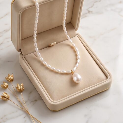 Elegant 18K White Gold Pearl & Natural Diamond Necklace by Bafleh Jewellery