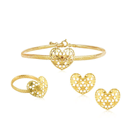 Grab a Beautiful 18K Gold Heart-Shaped Bracelet, Ring & Earrings Set Only at Bafleh Online!