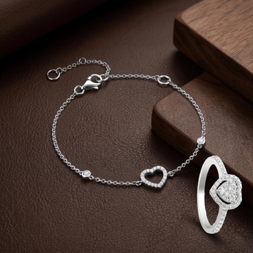 Heart Shape Natural Diamond Bracelet & Ring Set in 18K Gold  Bafleh Jewellery