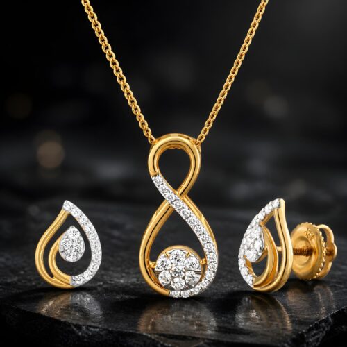 Elegant Natural Diamond Necklace Set with Earrings in 18K Yellow Gold | Bafleh Jewellery