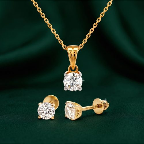 Solitaire Earrings & Necklace Lab-Grown Diamond Complete Set in 18K Gold Bafleh Jewellery