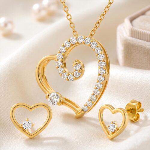 Elegant Natural Diamond Necklace Set with Earrings in 18K Yellow Gold | Bafleh Jewellery