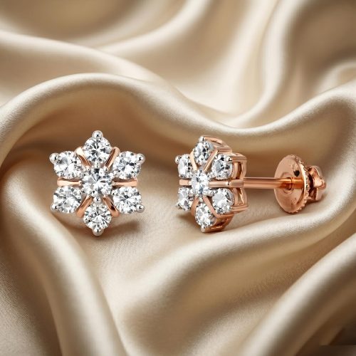 Flower Shape 14K Rose Gold Natural Diamond Stud Earrings Bafleh Jewellery