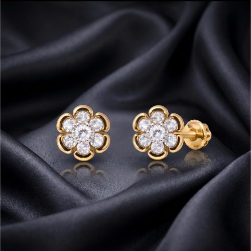 Flower Shape 14K Gold Natural Diamond Stud Earrings Bafleh Jewellery