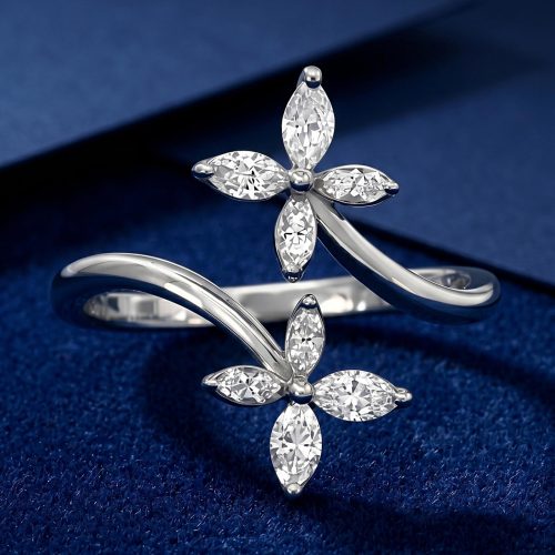 Two Flower Design 18K White Gold Diamond Ring Natural Diamonds with IGI Certificate Available at Bafleh