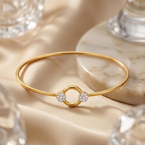 Yellow Gold Floral Certified Natural Diamond Bangle 18KT Classic Modern Lightweight Design by Bafleh Jewellery
