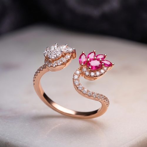 Elegant Natural Diamond Ring with Ruby Stone in 18K Gold Bafleh Jewellery