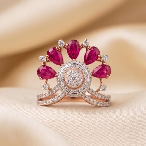 Elegant Natural Diamond Ring with Ruby Stone in 18K Gold Bafleh Jewellery