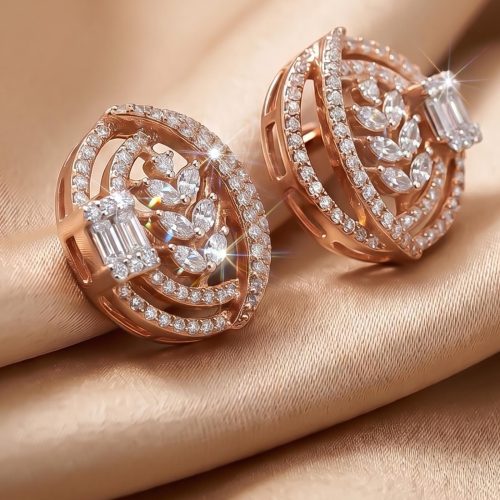 Elegant Round Shape 18K Gold Stud Earrings with Natural Diamonds by Bafleh Jewellery