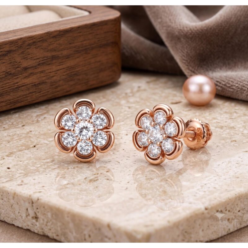 Elegant Flower Shape Stud Earrings in 14K Gold with Natural Diamonds by Bafleh Jewellery