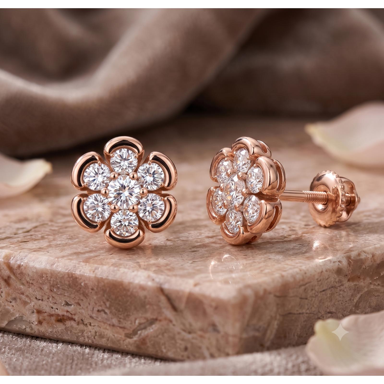 Elegant Flower Shape Stud Earrings in 14K Gold with Natural Diamonds by Bafleh Jewellery - Image 3