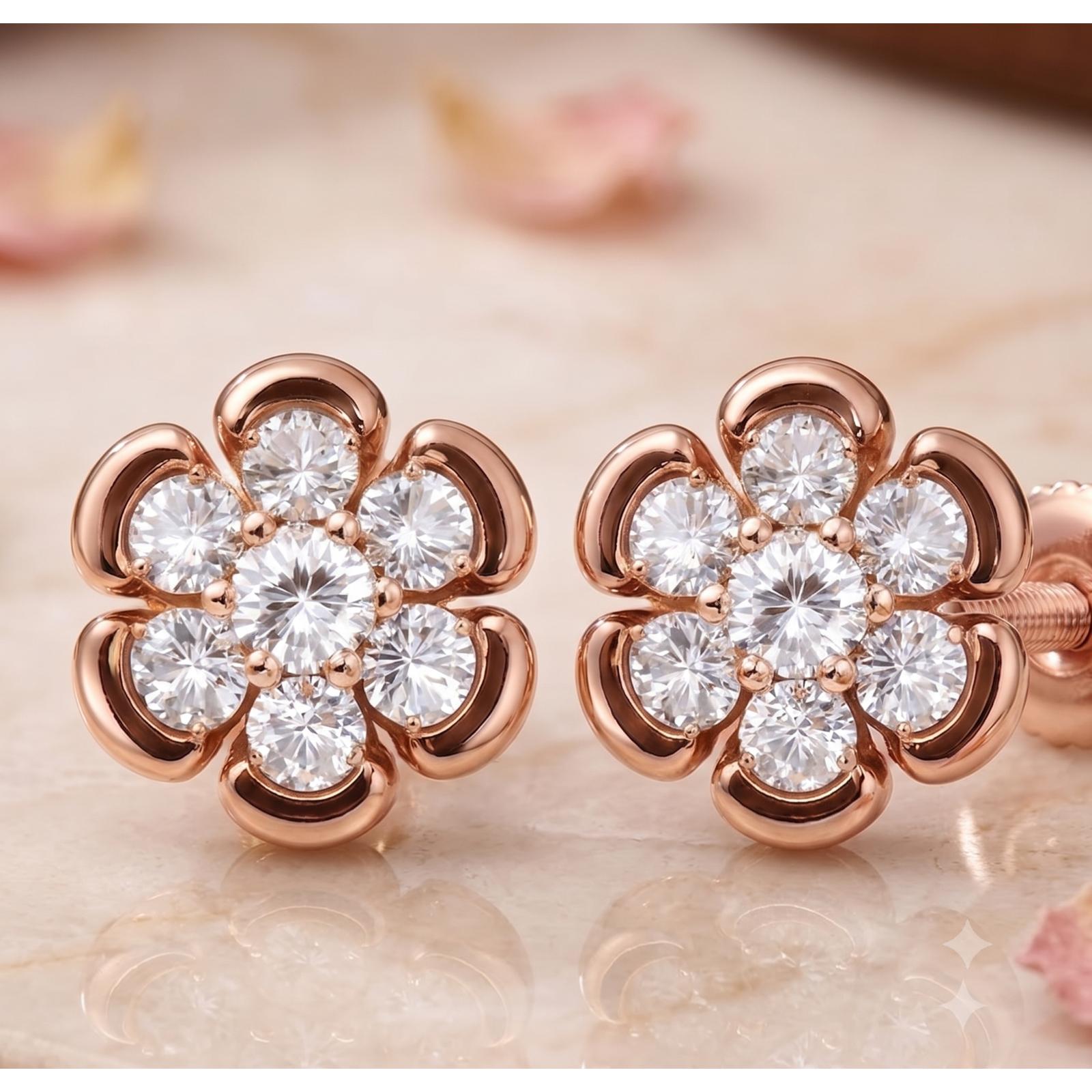 Elegant Flower Shape Stud Earrings in 14K Gold with Natural Diamonds by Bafleh Jewellery - Image 2