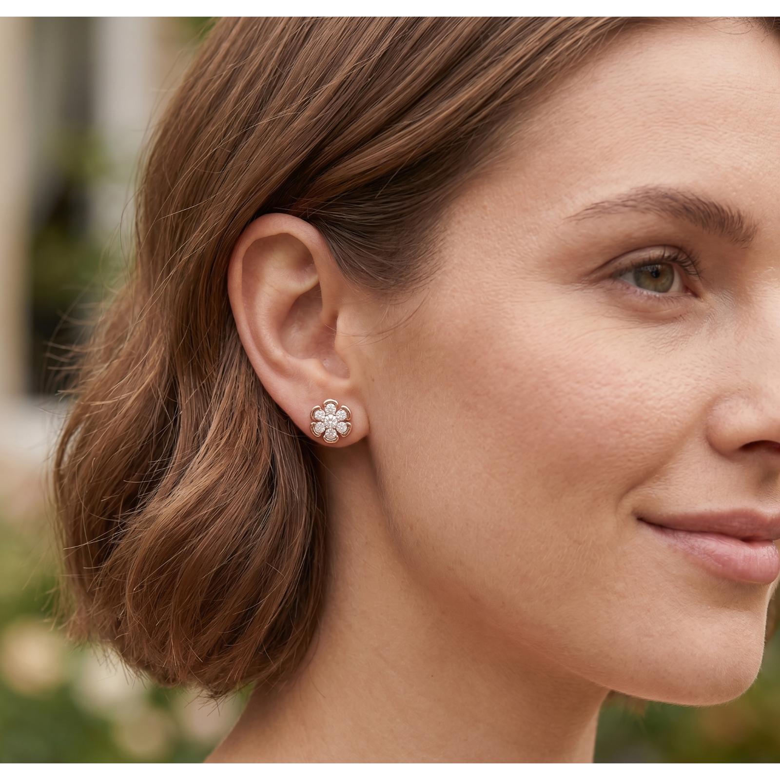 Elegant Flower Shape Stud Earrings in 14K Gold with Natural Diamonds by Bafleh Jewellery - Image 4