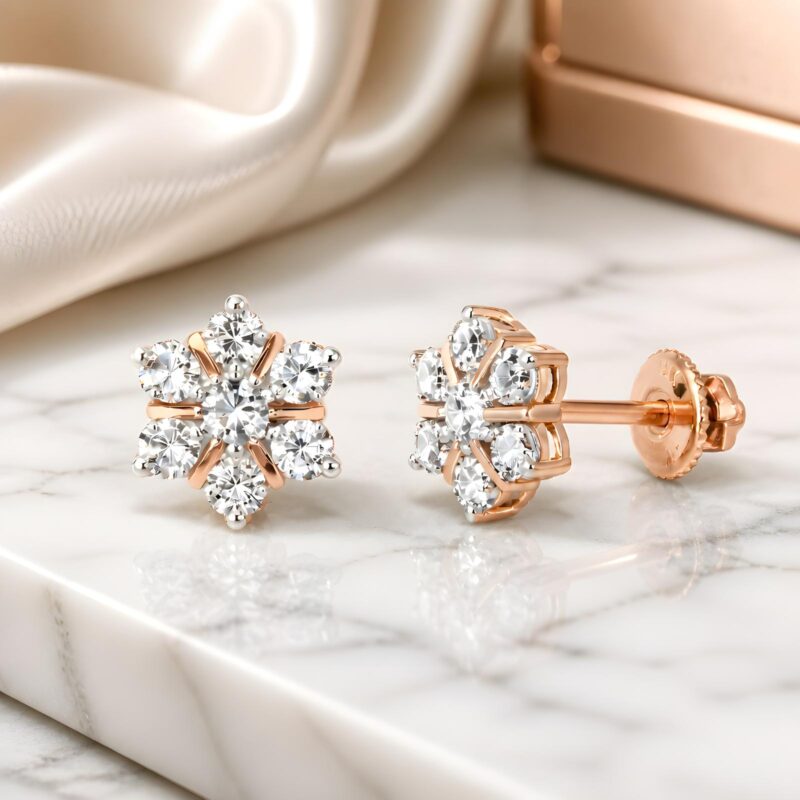 Flower Shape 14K Rose Gold Natural Diamond Stud Earrings Bafleh Jewellery