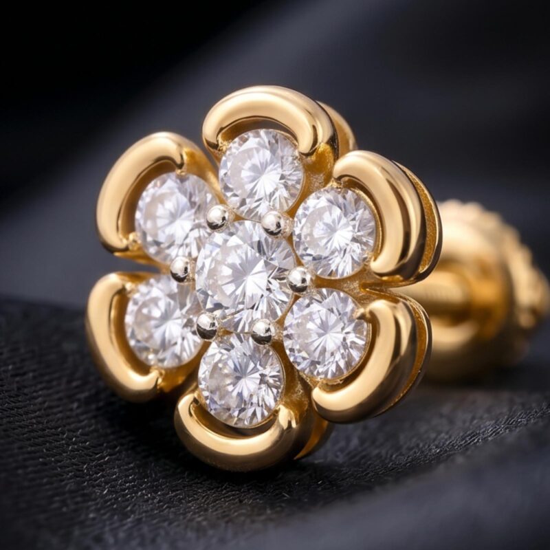 Alternative view of Flower Shape 14K Gold Natural Diamond Stud Earrings Bafleh Jewellery