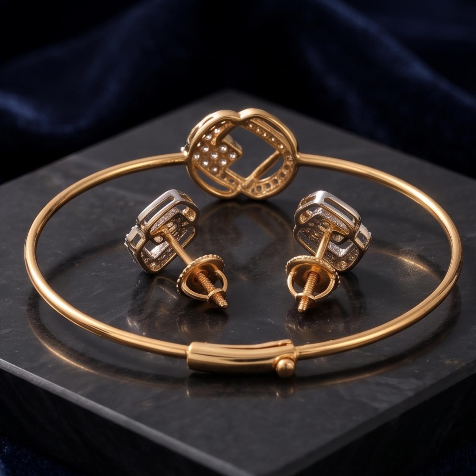 14K Gold Bangles with Matching Natural Diamond Earrings | Bafleh Jewellery - Image 5