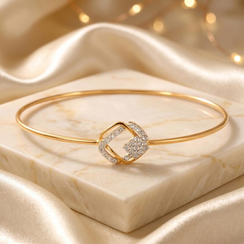 Certified Luxury: 14K Gold Bangle with Natural Diamonds and IDT Authentication by Bafleh Jewellery