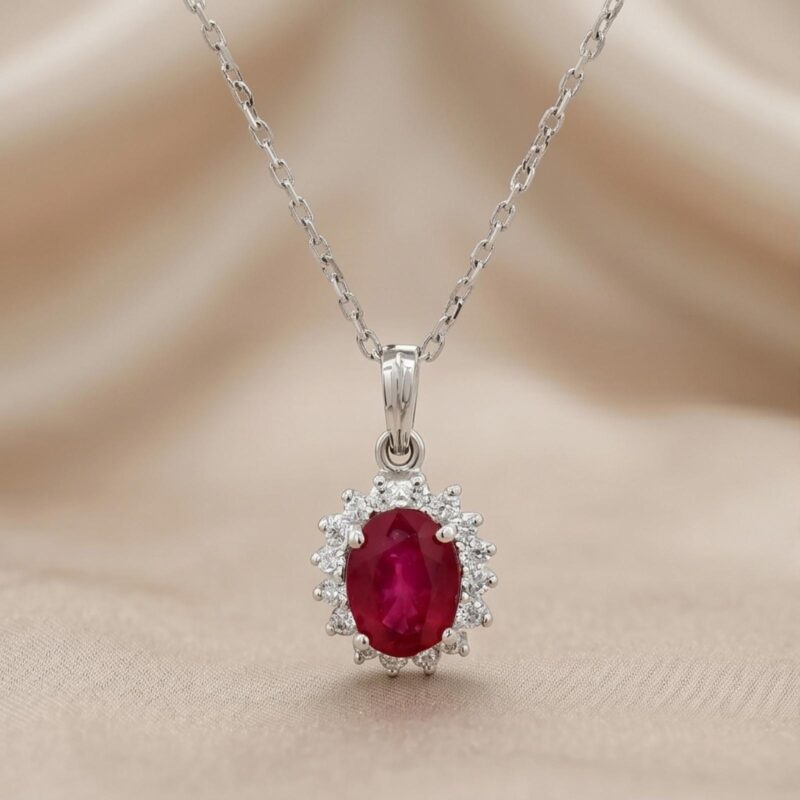 Stunning 18K White Gold Necklace with Natural Diamonds and Rich Ruby Gemstone Luxury Heritage Design by Bafleh Jewellery