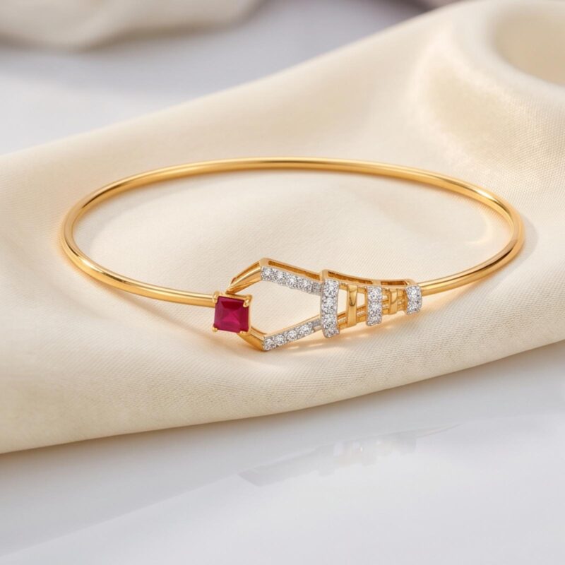 Luxury Crafted Diamond Bangle Featuring Vibrant Ruby Stones in 18K Yellow Gold by Bafleh Jewellery