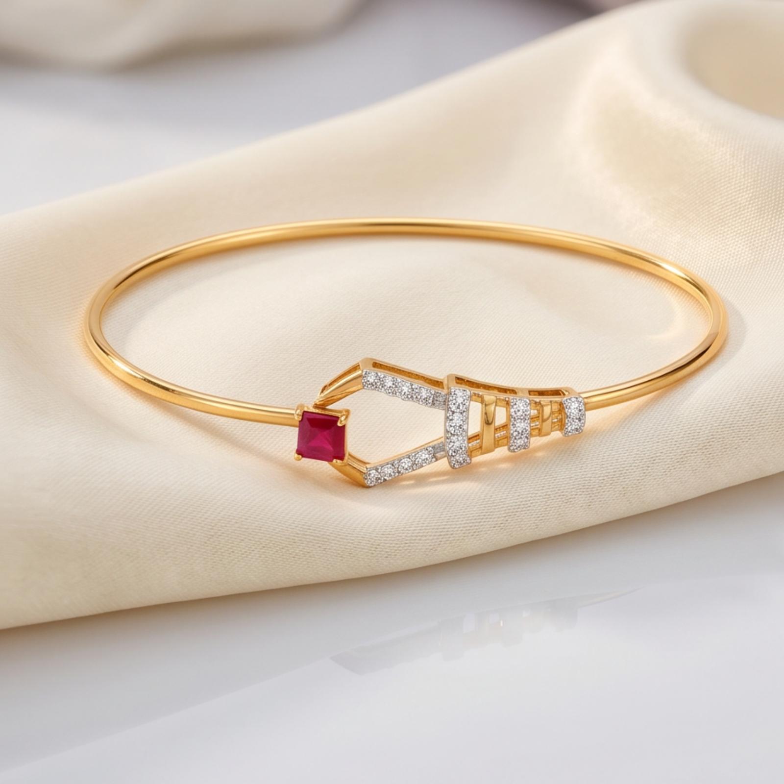 Luxury Crafted Diamond Bangle Featuring Vibrant Ruby Stones in 18K Yellow Gold by Bafleh Jewellery