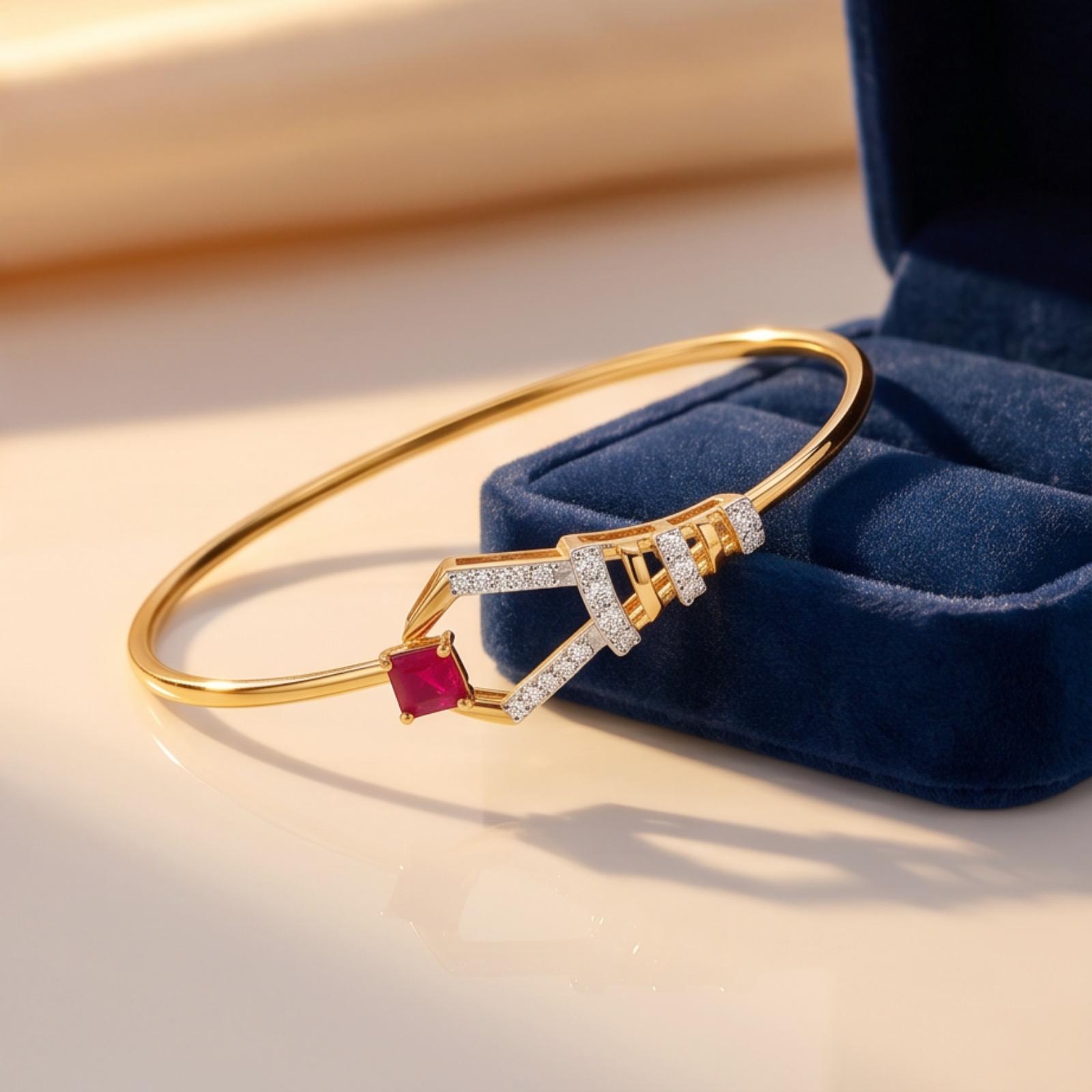 Luxury Crafted Diamond Bangle Featuring Vibrant Ruby Stones in 18K Yellow Gold by Bafleh Jewellery - Image 3