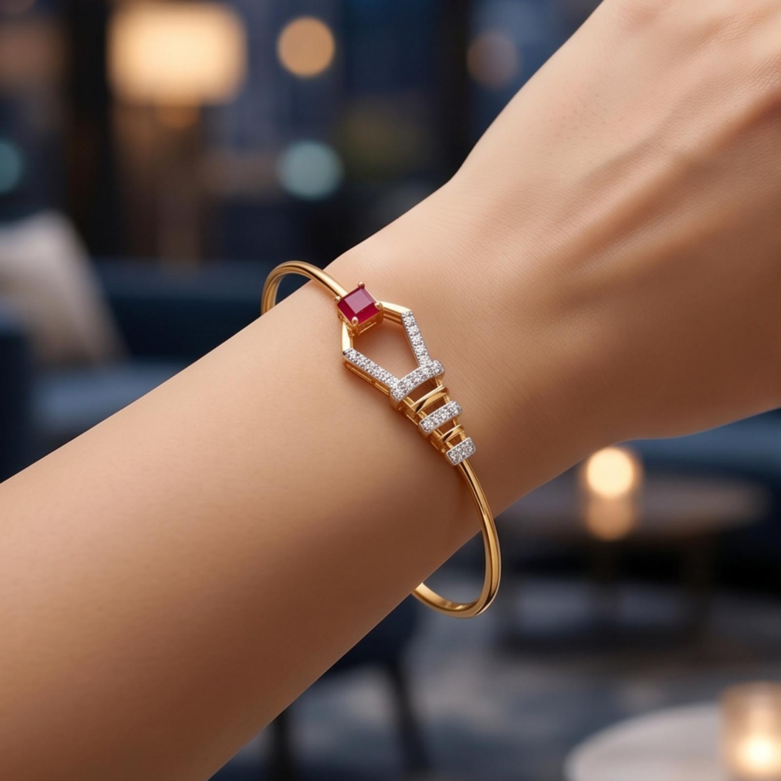 Luxury Crafted Diamond Bangle Featuring Vibrant Ruby Stones in 18K Yellow Gold by Bafleh Jewellery - Image 4