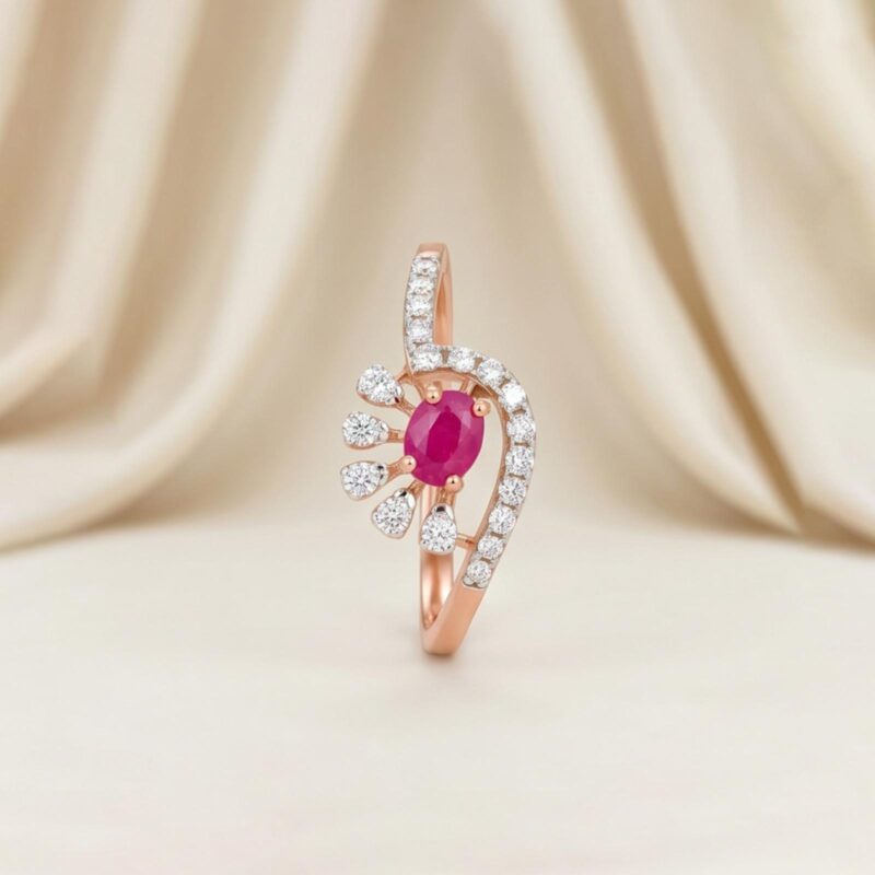 Classic 18K Rose Gold Ring with Rich Ruby Gemstone and Natural Diamond Sparkle  Premium Bafleh Jewellery Design