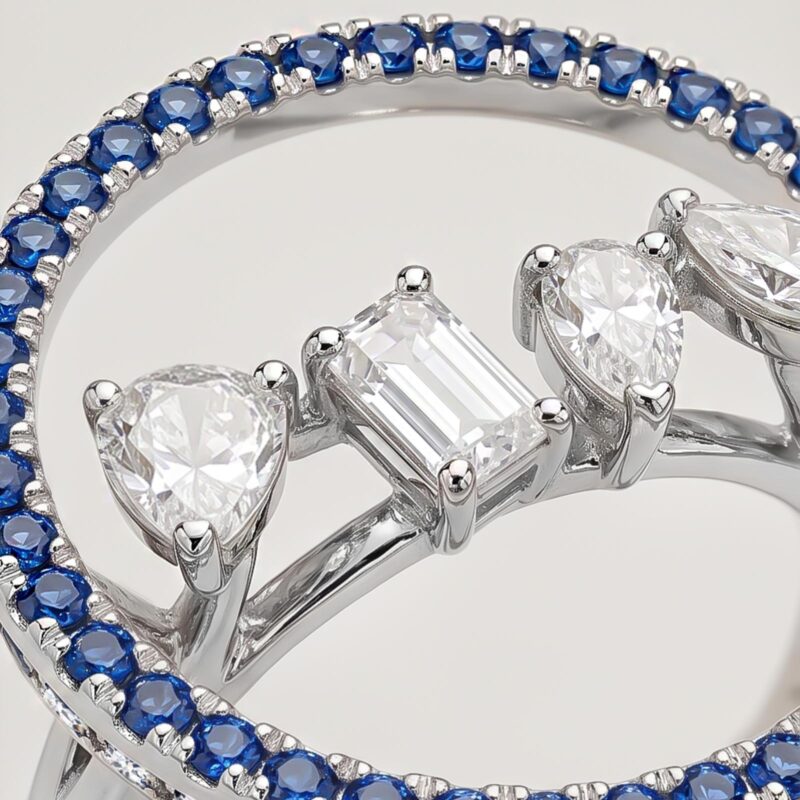 Alternative view of 18KT White Gold Geometric Halo Ring with Multi-Shape Diamonds & Blue Sapphires | Bafleh Jewellery