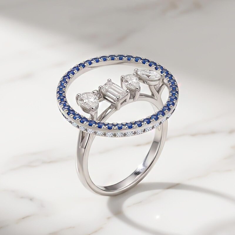 18KT White Gold Geometric Halo Ring with Multi-Shape Diamonds & Blue Sapphires | Bafleh Jewellery