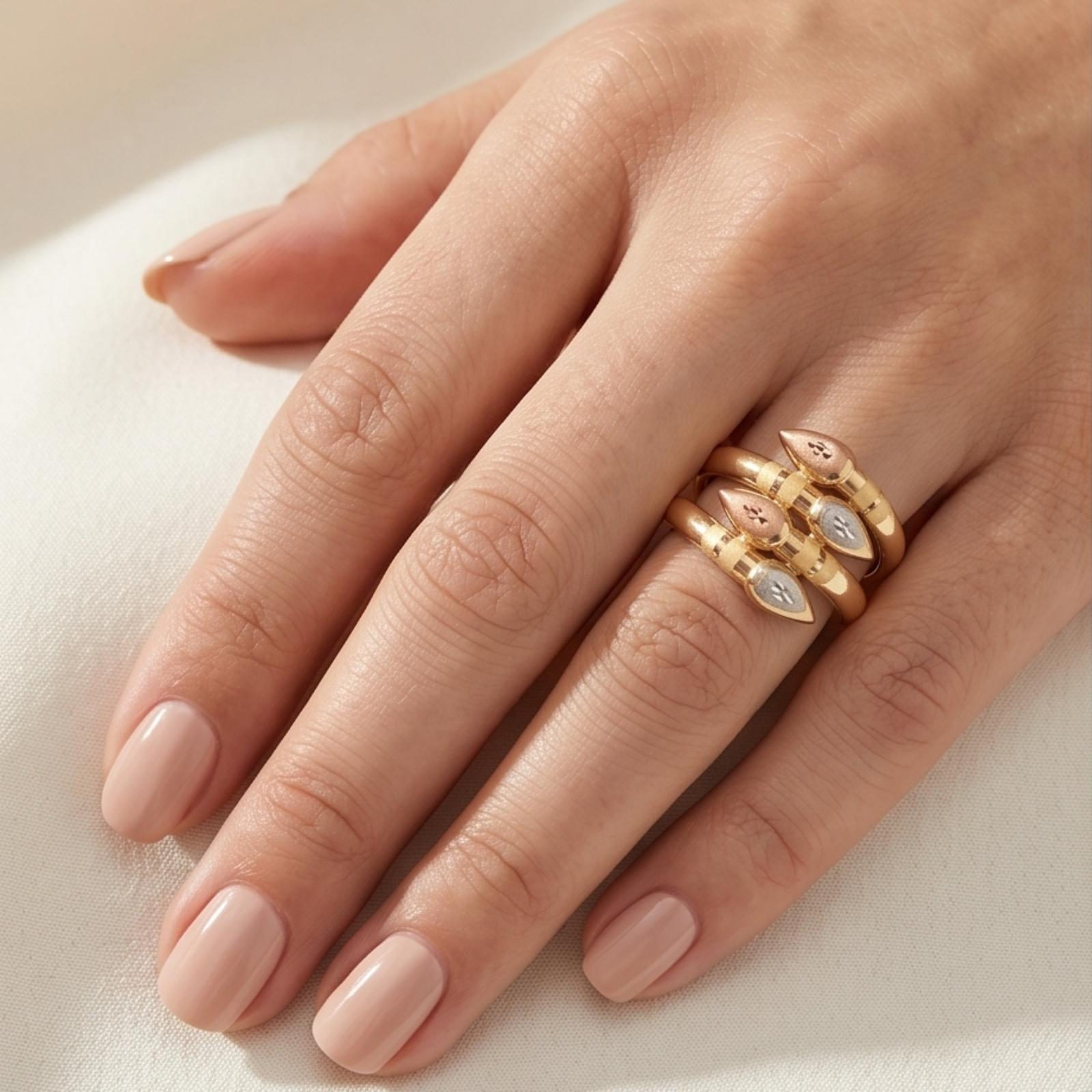 Bafleh 18K Tri Color Gold Multi Layer Ring with Teardrop Motifs - Image 8