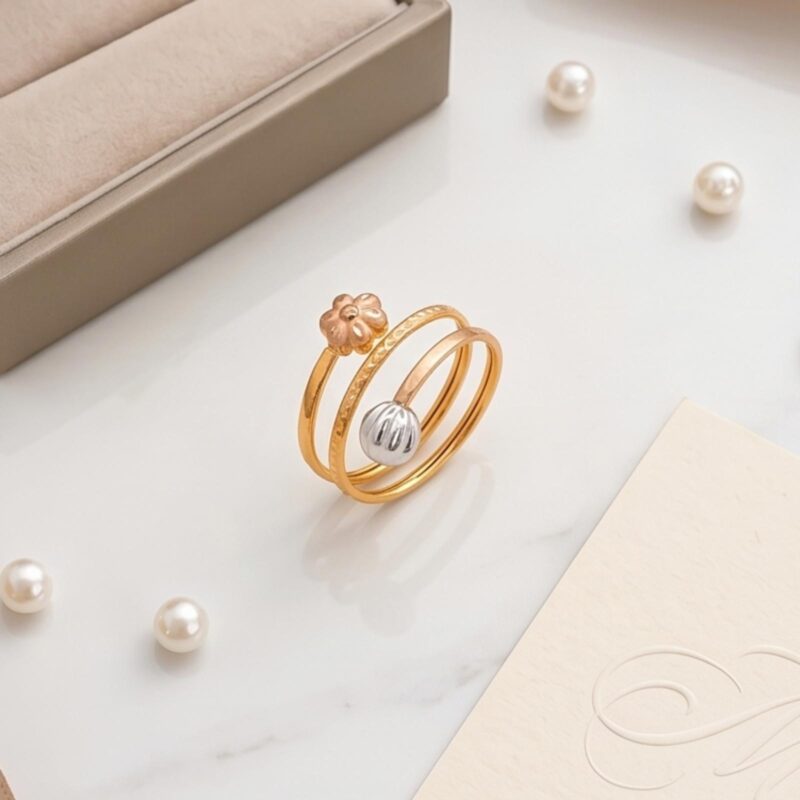Bafleh 18K Tri Color Gold Spiral Ring with Floral & Bead Motifs