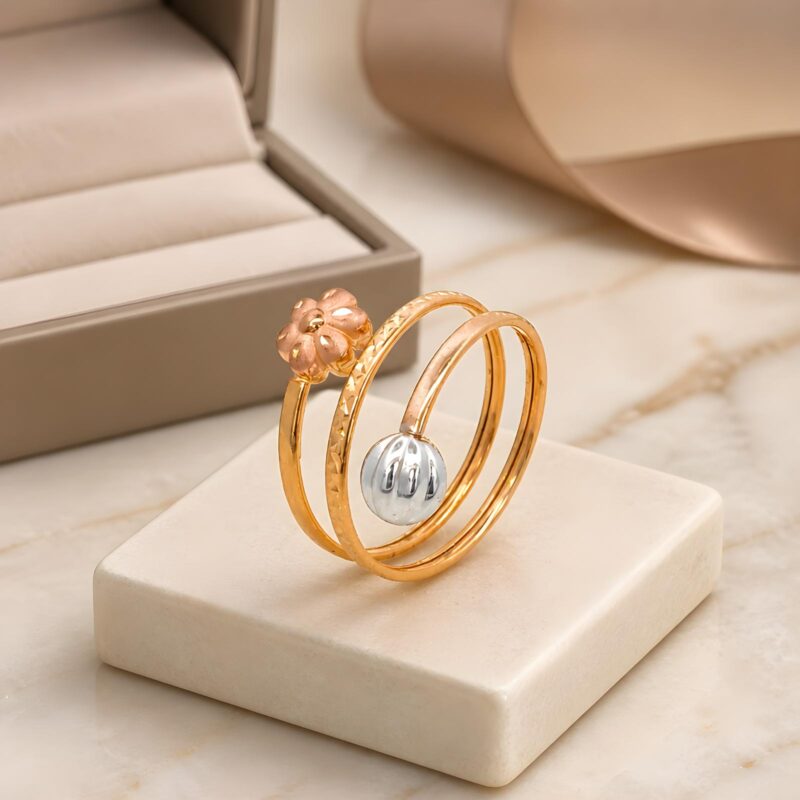 Alternative view of Bafleh 18K Tri Color Gold Spiral Ring with Floral & Bead Motifs