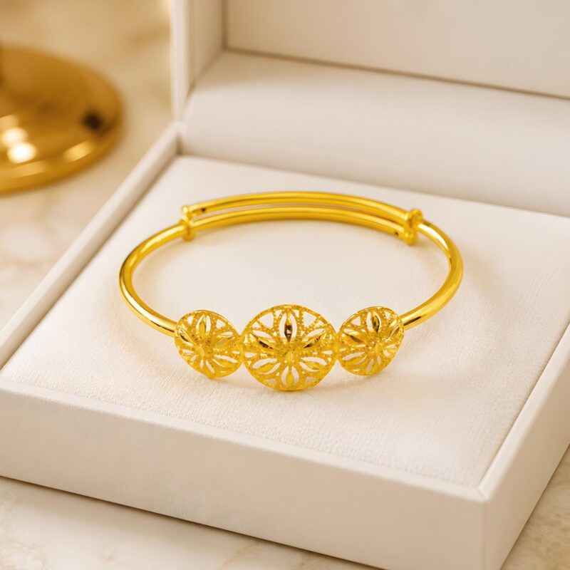 Bafleh Jewellery 21K Gold Adjustable Baby Bangle with Three Filigree Flower Wheels
