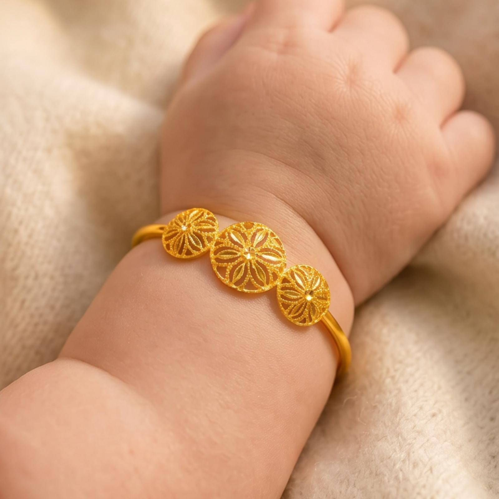 Bafleh Jewellery 21K Gold Adjustable Baby Bangle with Three Filigree Flower Wheels - Image 3