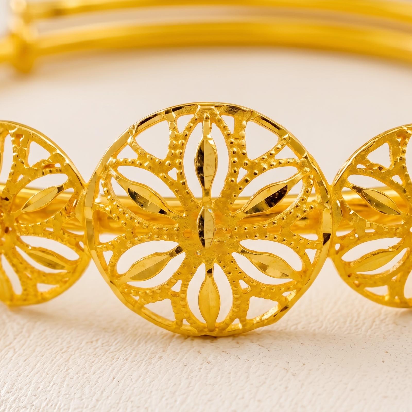 Bafleh Jewellery 21K Gold Adjustable Baby Bangle with Three Filigree Flower Wheels - Image 2