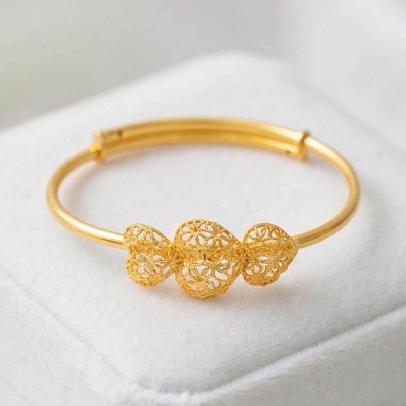 Bafleh Jewellery 21K Gold Adjustable Baby Bangle with Filigree Heart Trio