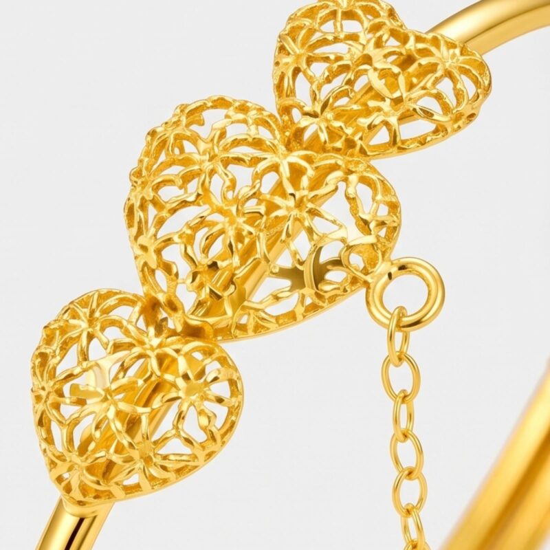 Alternative view of 21K Elegant Yellow Gold Filigree Heart Trio Baby Kada with Attached Chain Ring  Bafleh Jewellery