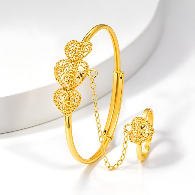 21K Elegant Yellow Gold Filigree Heart Trio Baby Kada with Attached Chain Ring  Bafleh Jewellery