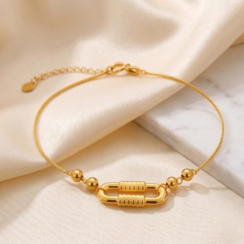 Elegant 18K Gold Textured Oval Loop  Bead Bracelet