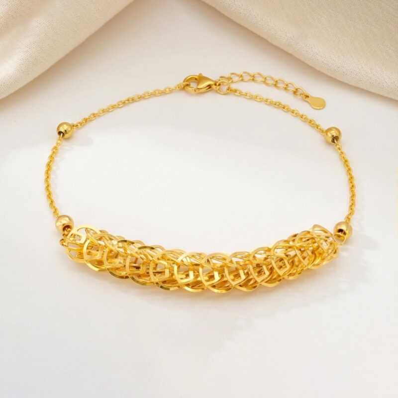 21K gold bracelet with a bold woven centerpiece comfort and the perfect luxury gift by Bafleh Jewellery