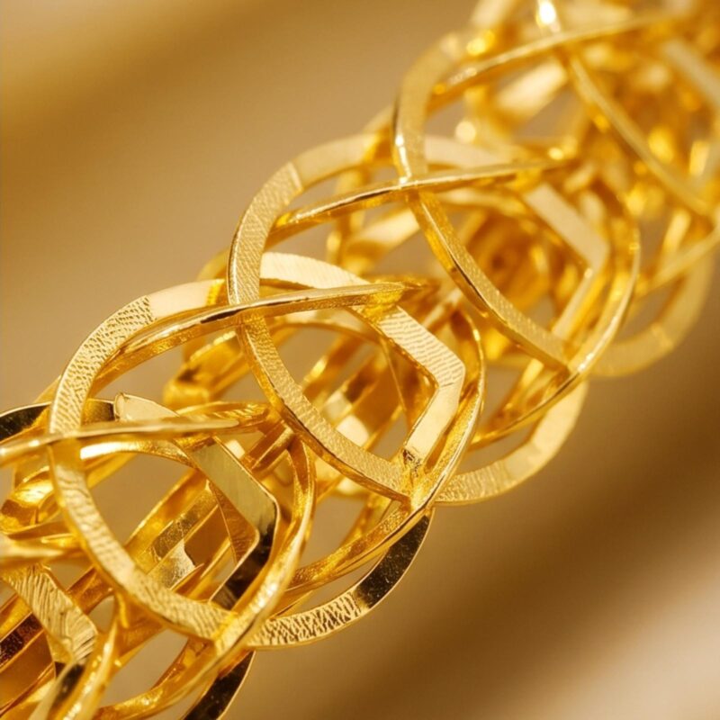 Alternative view of 21K gold bracelet with a bold woven centerpiece comfort and the perfect luxury gift by Bafleh Jewellery
