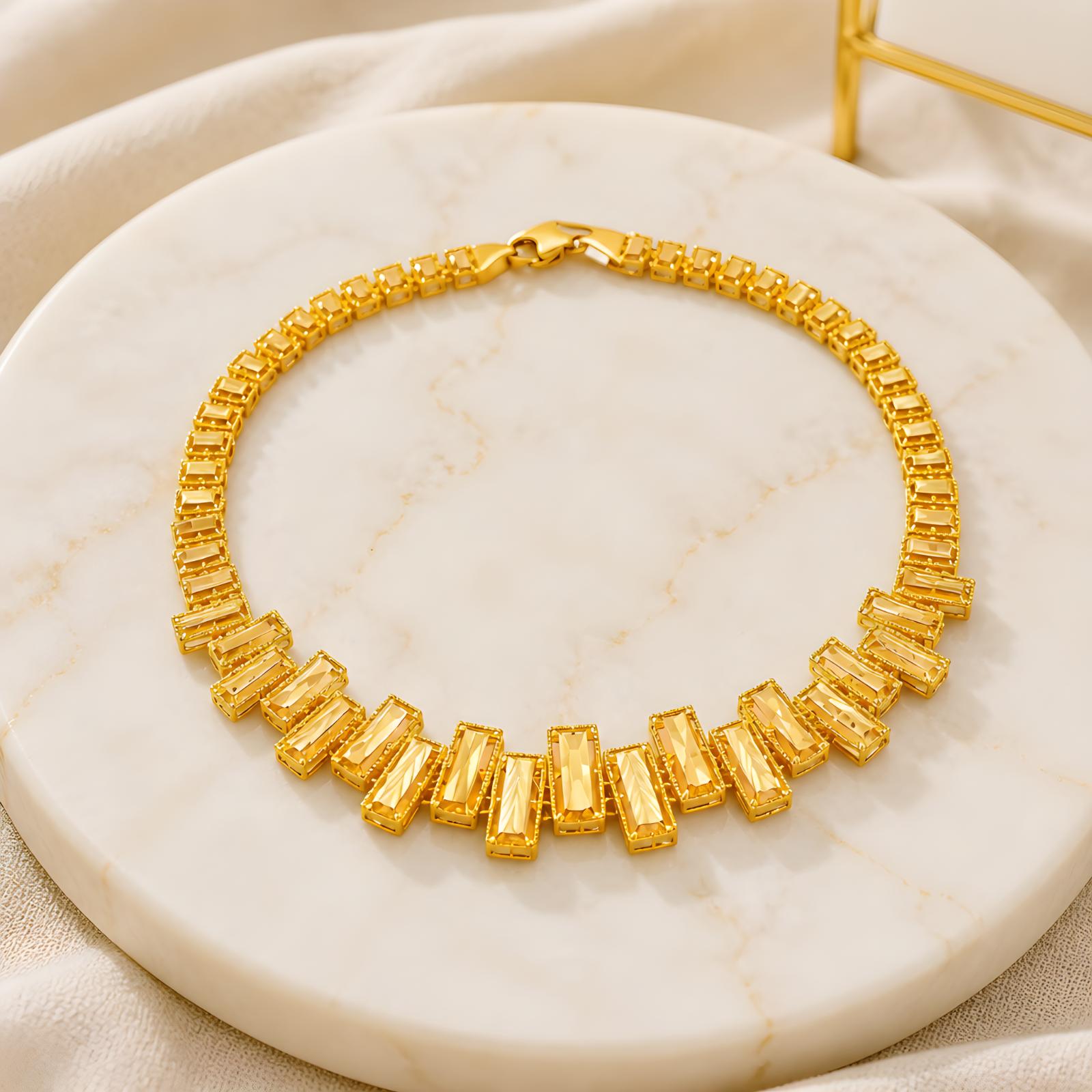 Luxury 21K Solid Gold Link Bracelet Textured Rectangular Brick Fine Jewelry by Bafleh jewellery