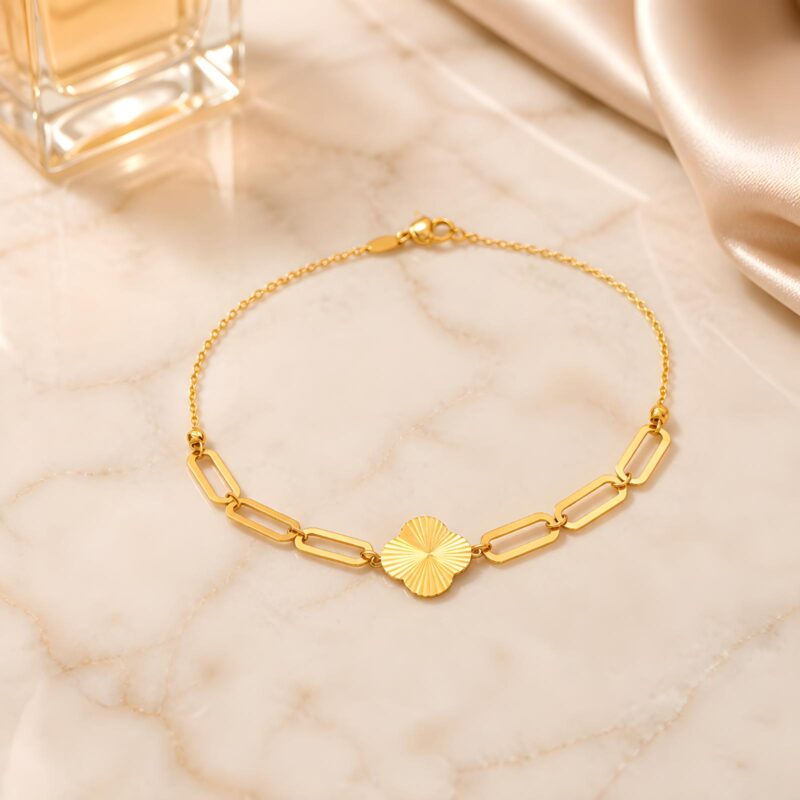 Minimalist Luxury 21K Gold Paperclip Chain Clover Bracelet by Bafleh Jewellery