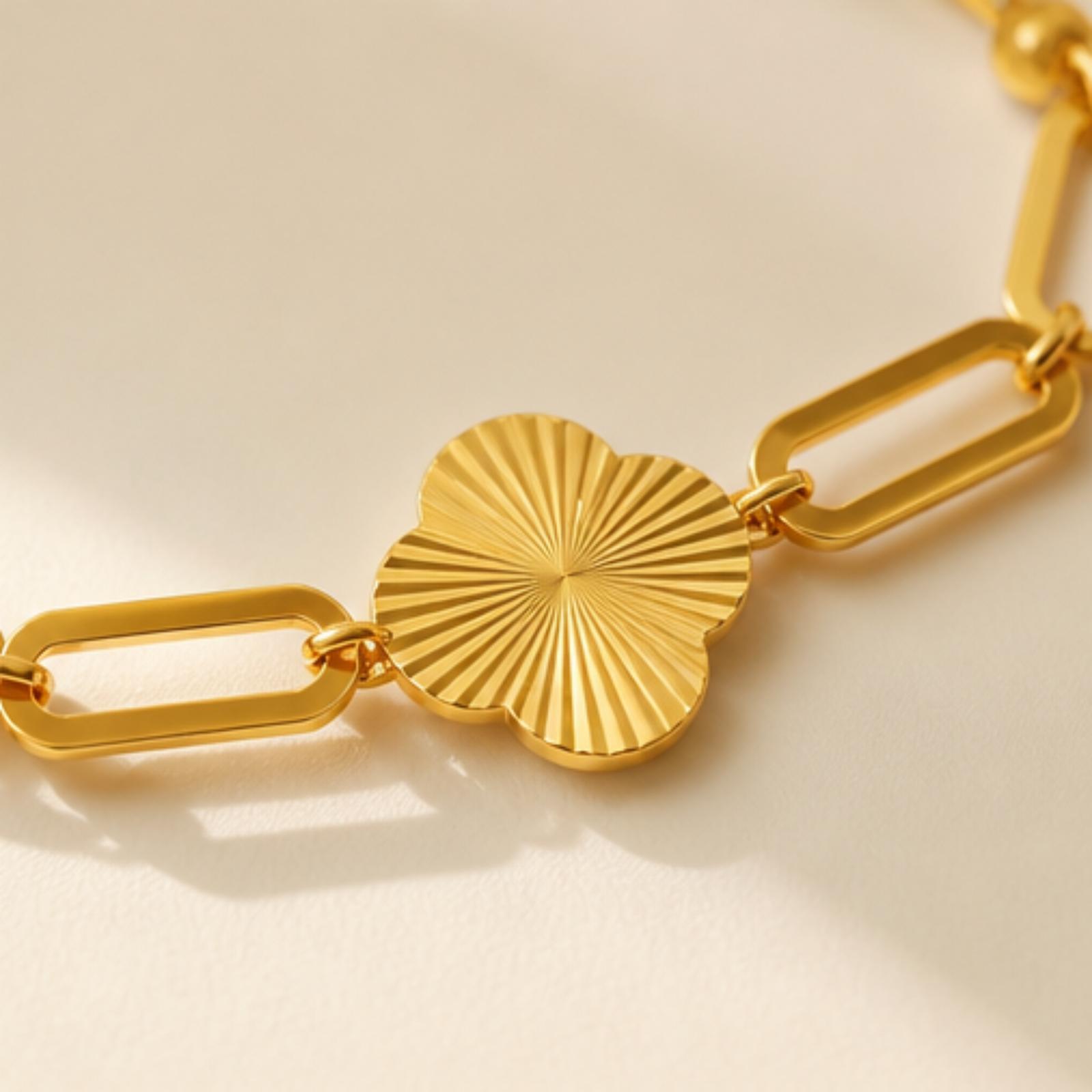 Minimalist Luxury 21K Gold Paperclip Chain Clover Bracelet by Bafleh Jewellery - Image 2