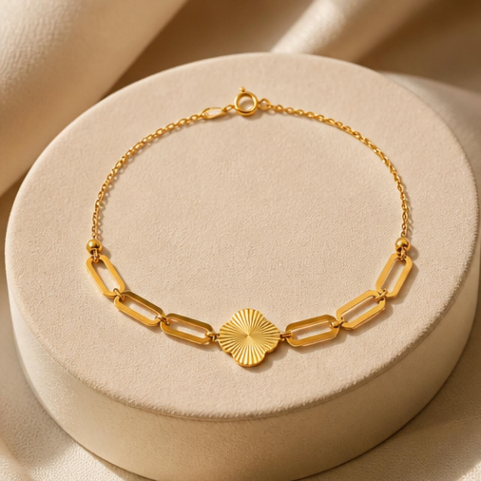 Minimalist Luxury 21K Gold Paperclip Chain Clover Bracelet by Bafleh Jewellery - Image 4