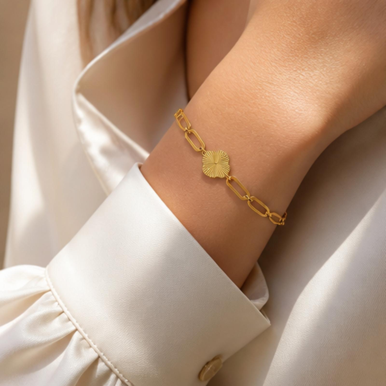 Minimalist Luxury 21K Gold Paperclip Chain Clover Bracelet by Bafleh Jewellery - Image 3