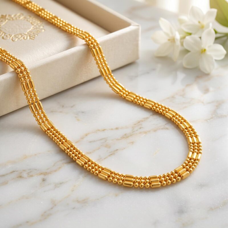 21K Yellow Gold Textured Bead & Barrel Link Chain by Bafleh Jewellery