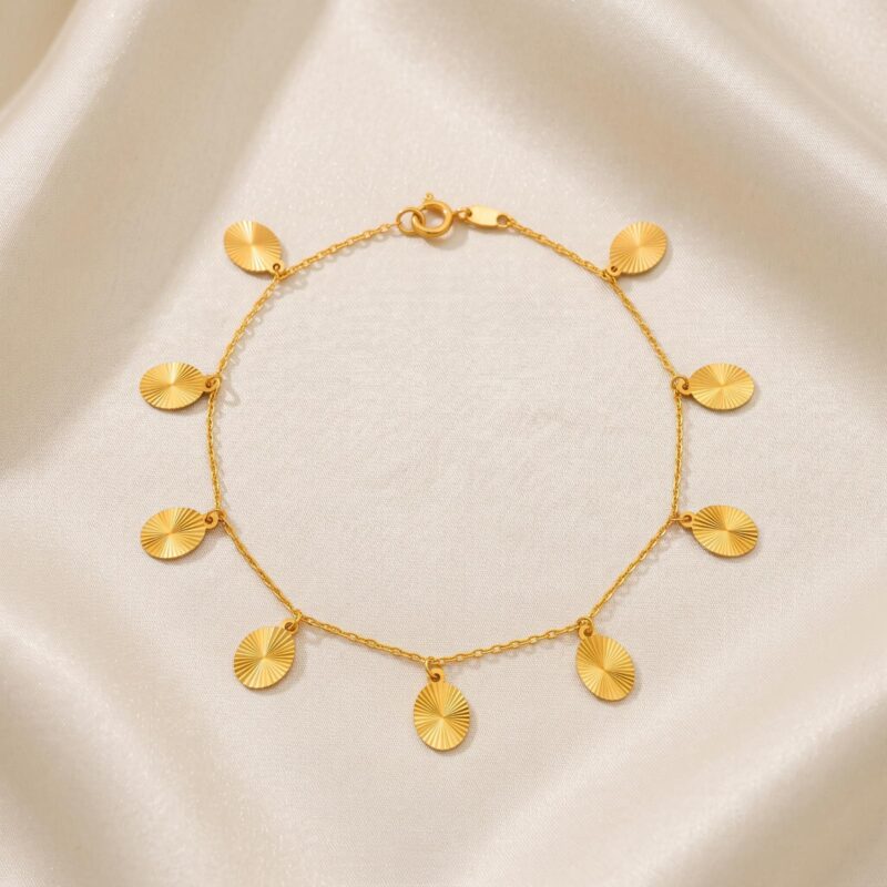 21K Gold Charm Bracelet with Textured Sunburst Oval Discs by Bafleh Jewellery