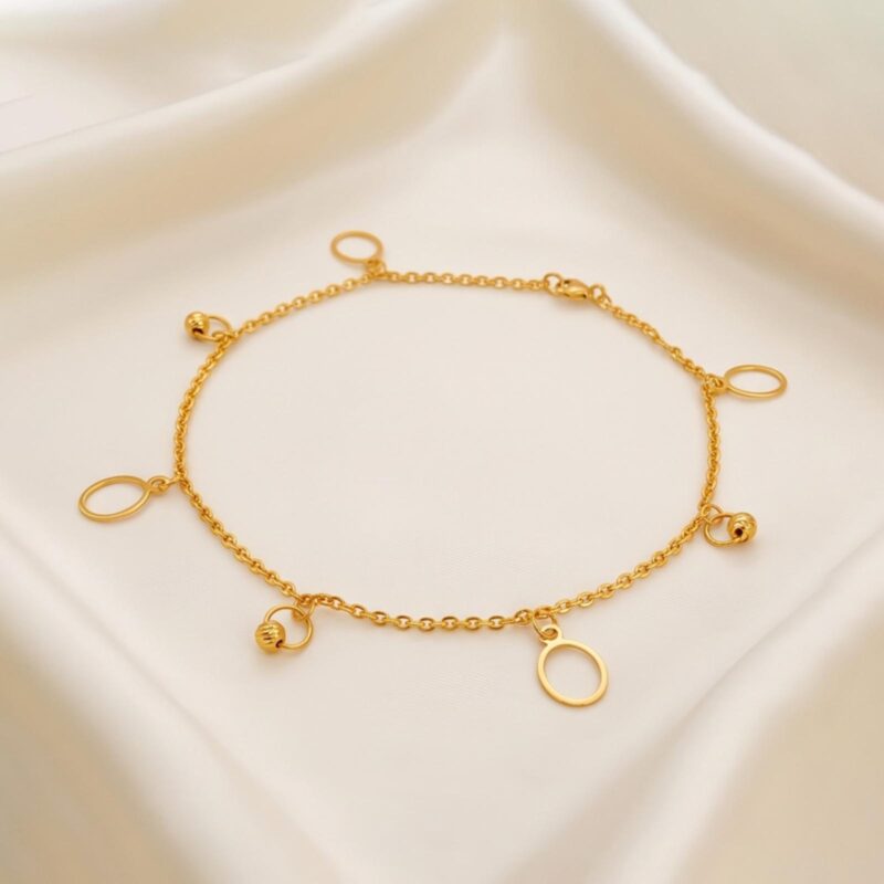 21K Yellow Gold Open-Circle  Textured Bead Charm Bracelet