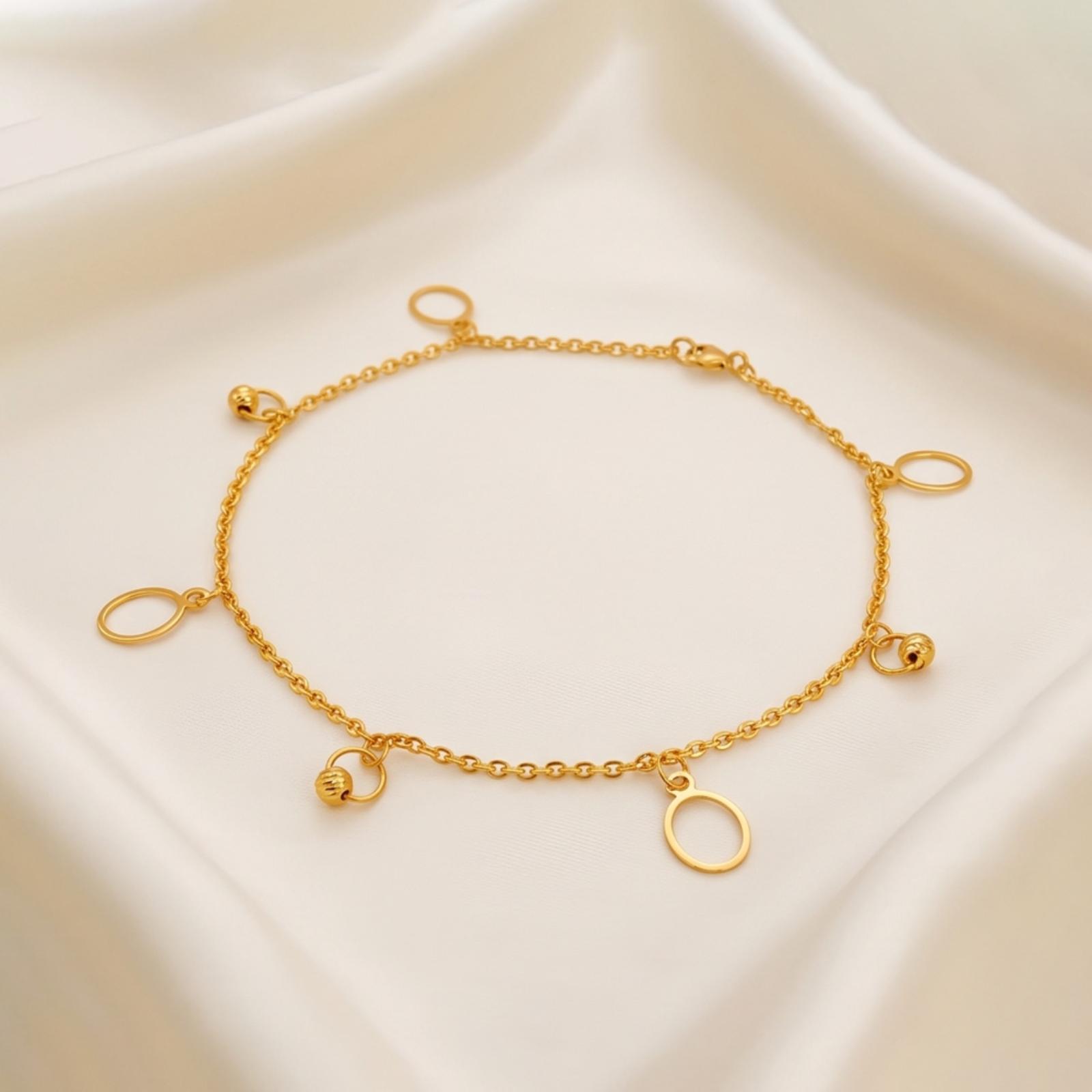 21K Yellow Gold Open-Circle Textured Bead Charm Bracelet